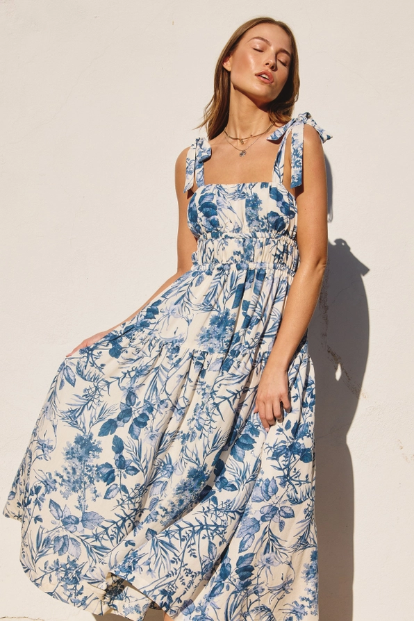 Francesca Floral Fit & Flare Midi Dress - Porcelain Blue