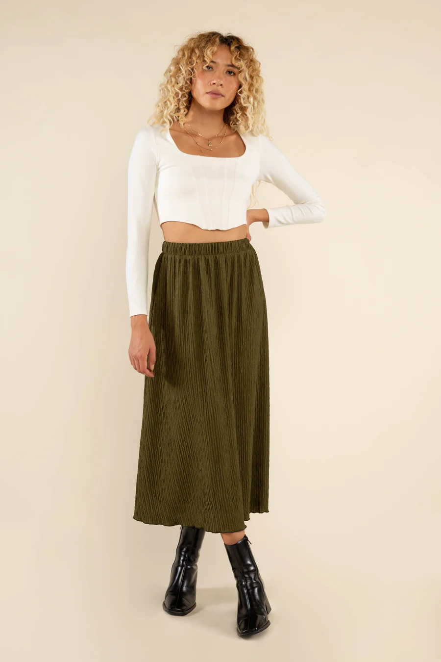 Gia Midi A-Line Pleated Skirt - Olive