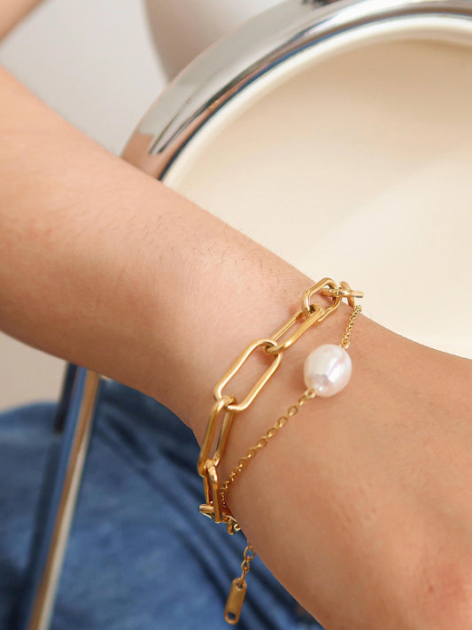 Gigi Stacked Chain Pearl Bracelet Gold/Pearl