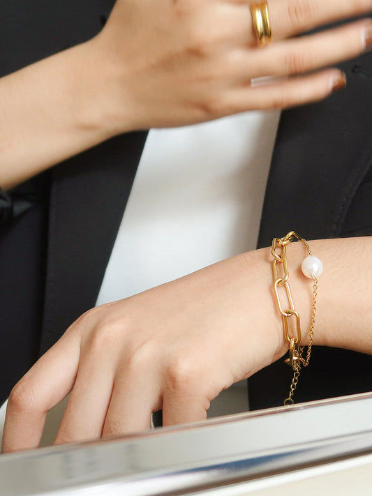 Gigi Stacked Chain Pearl Bracelet Gold/Pearl