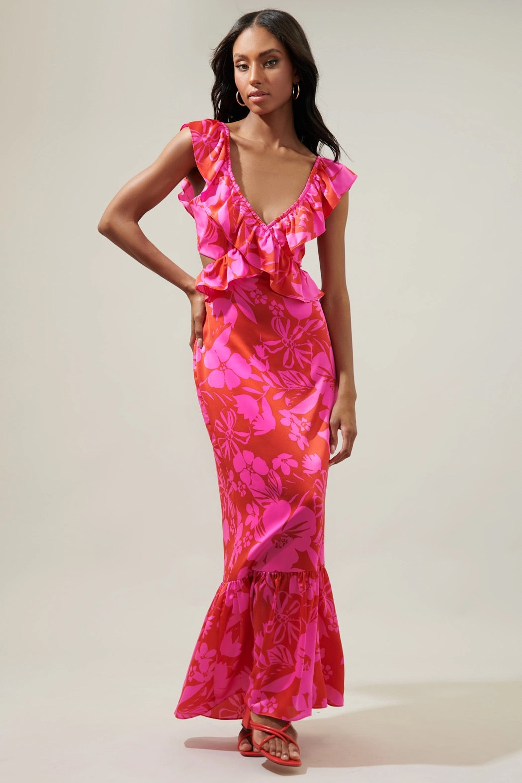 Gisele Floral Cut Out Mermaid Maxi Dress - Red/Pink