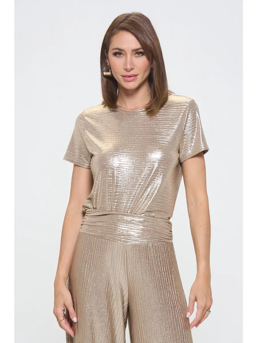 Gloria Metallic Short Sleeve Top - Gold