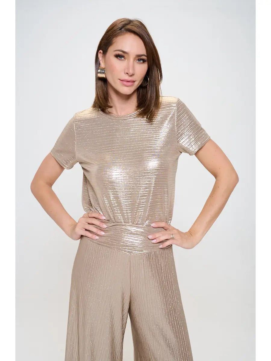 Gloria Metallic Short Sleeve Top - Gold