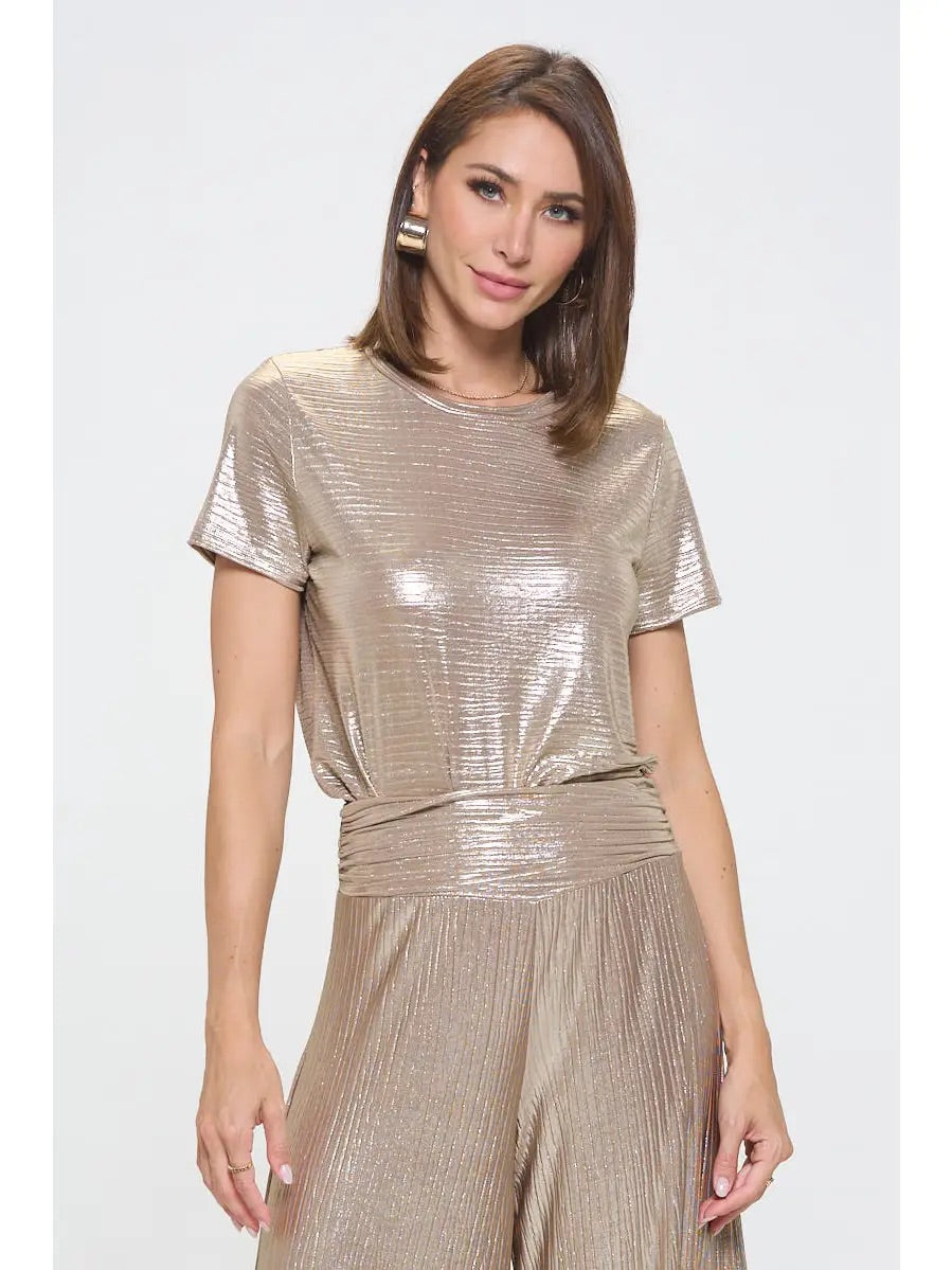 Gloria Metallic Short Sleeve Top - Gold