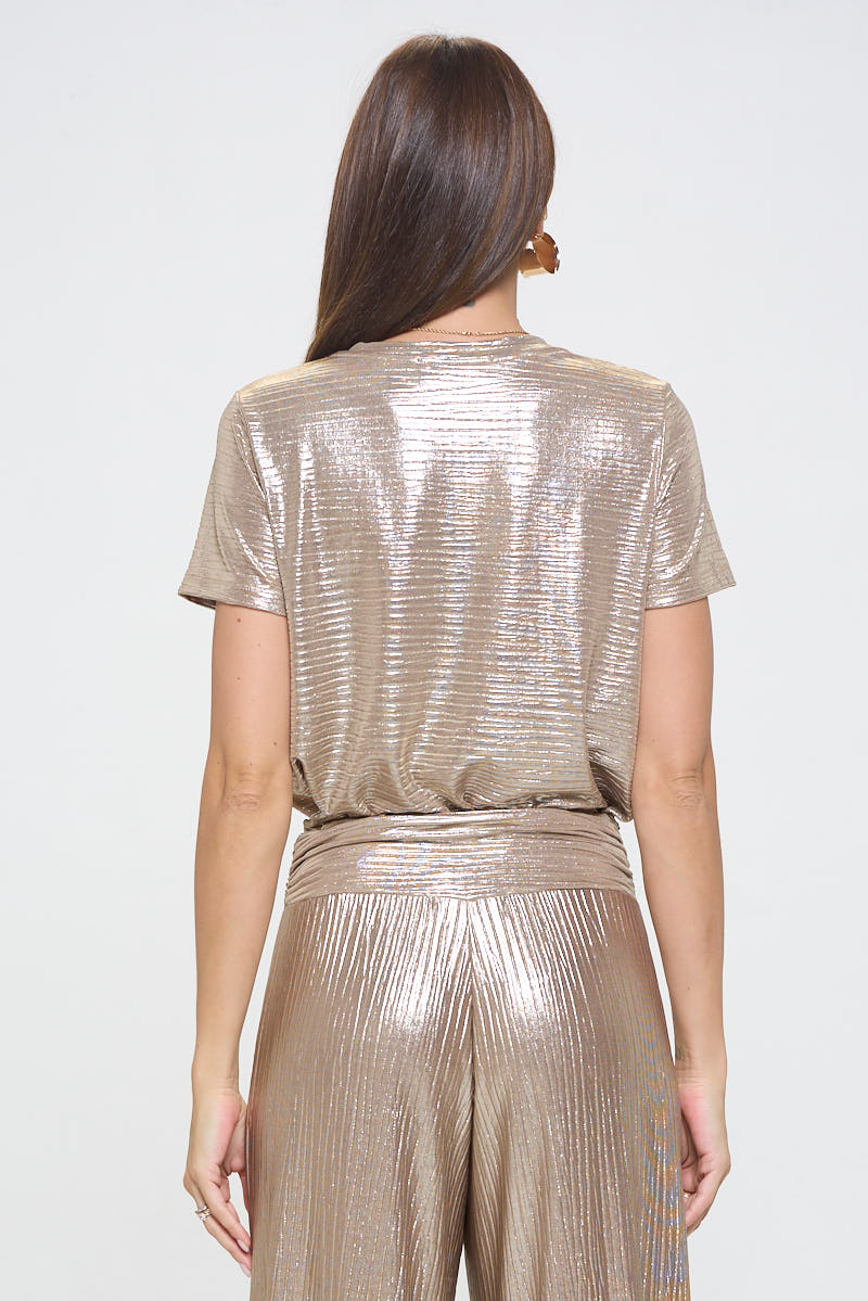 Gloria Metallic Short Sleeve Top - Gold