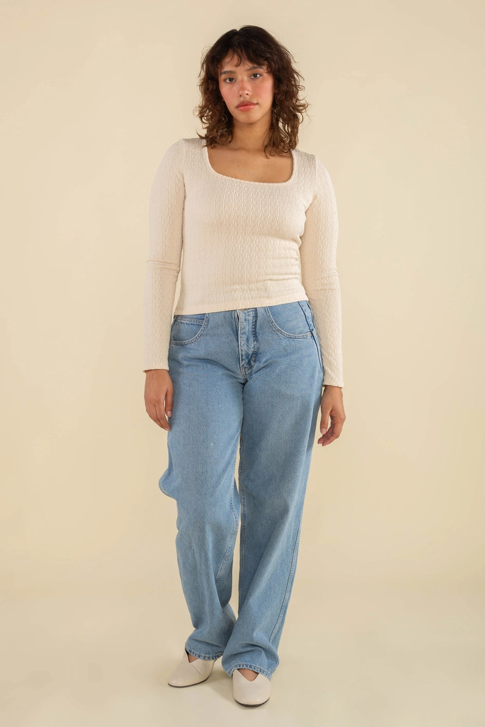 Gloria Square Neck Long Sleeve Top - Oat