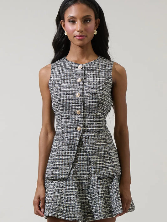 Halle Tweed Button Vest - Black/Multi