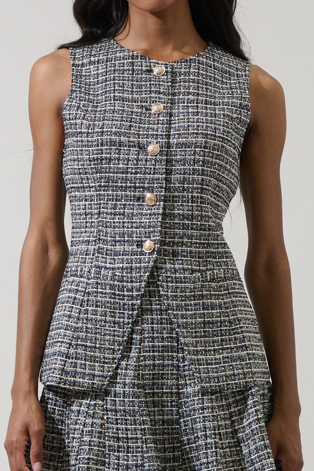 Halle Tweed Button Vest - Black/Multi