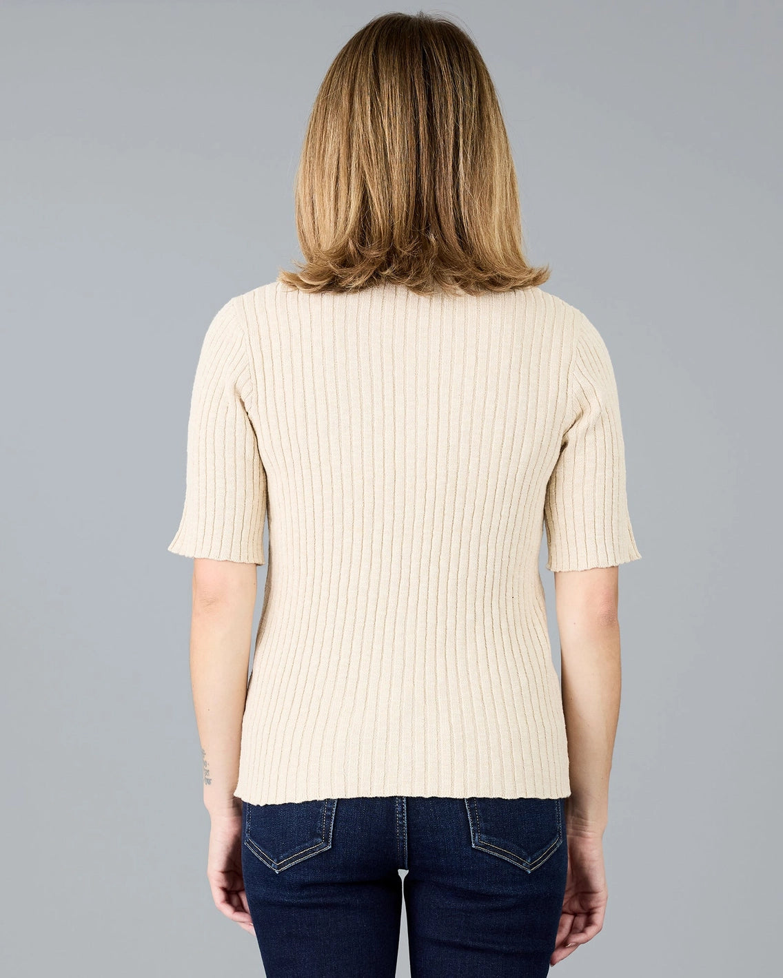 Heather Ribbed Knit Short Sleeve Sweater - Parchment