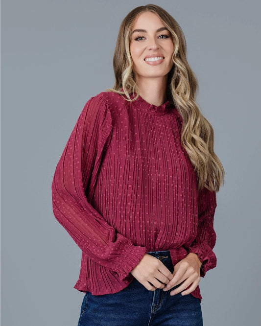 Holly Pleated Ruffle Top - Wine