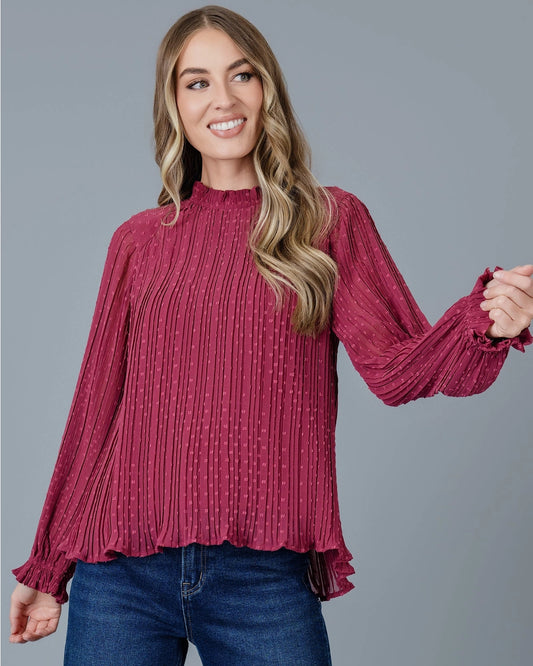 Holly Pleated Ruffle Top - Wine