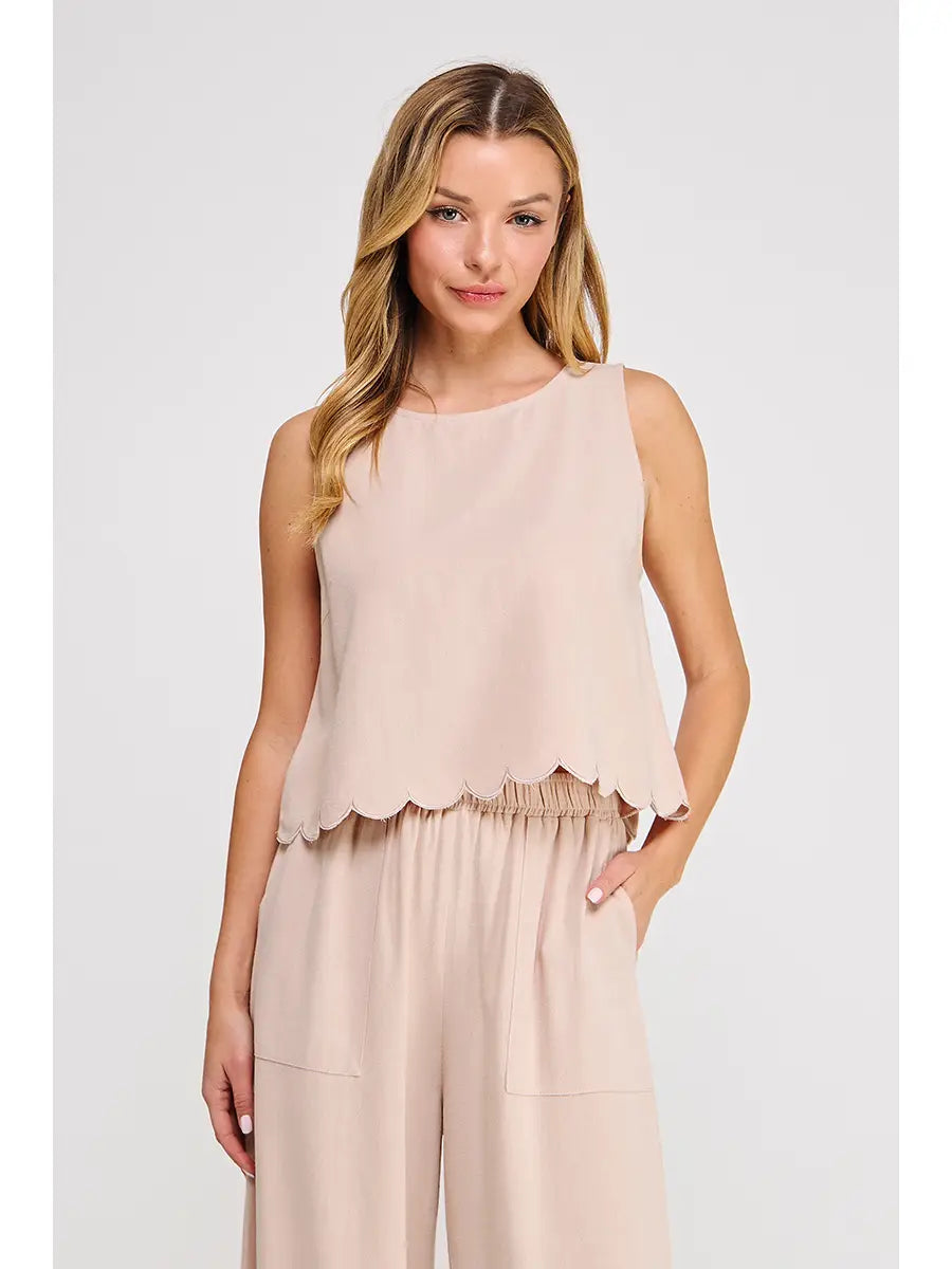 Jinny Scallop Linen Blend Tank Top - Almond
