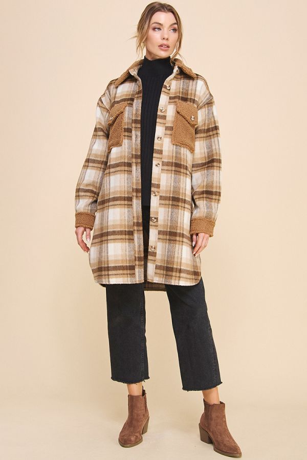 Jordyn Long Flannel Plaid Shirt Jacket - Navy Cream/Brown Cream