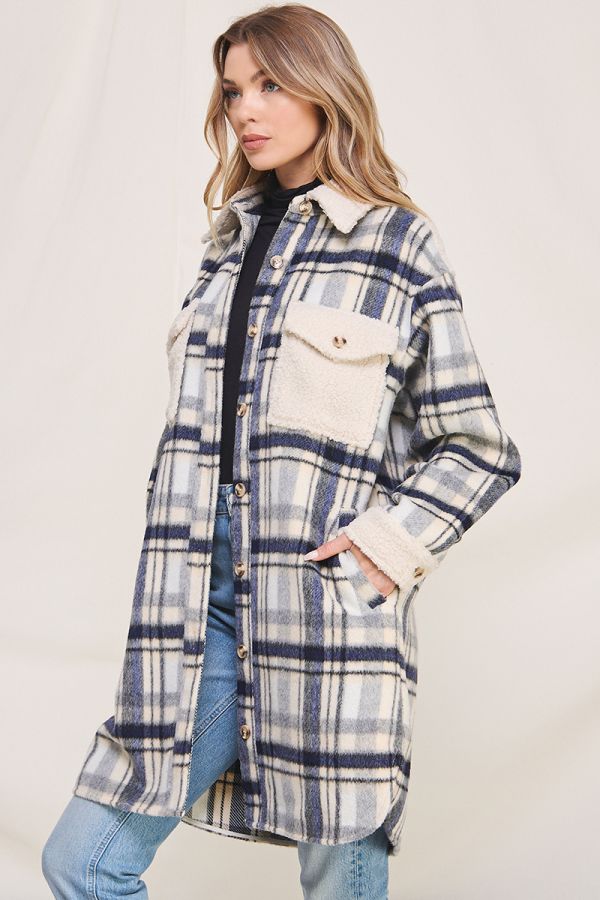 Jordyn Long Flannel Plaid Shirt Jacket - Navy Cream/Brown Cream