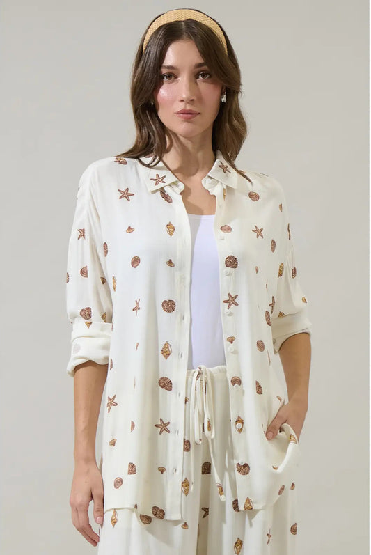Kai Shells Boyfriend Button Down Shirt - Ivory/Brown