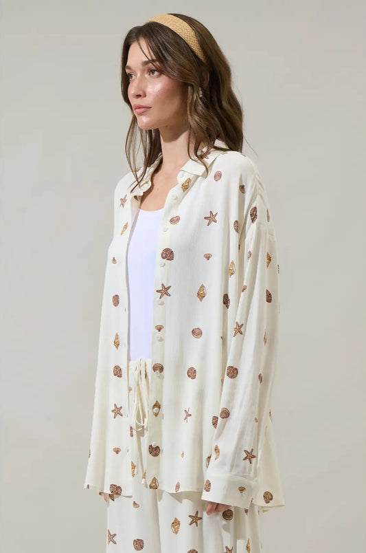 Kai Shells Boyfriend Button Down Shirt - Ivory/Brown