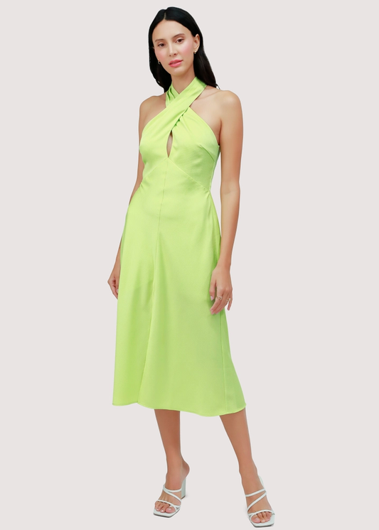 Kailani Satin Halter Midi Dress - Lime Green