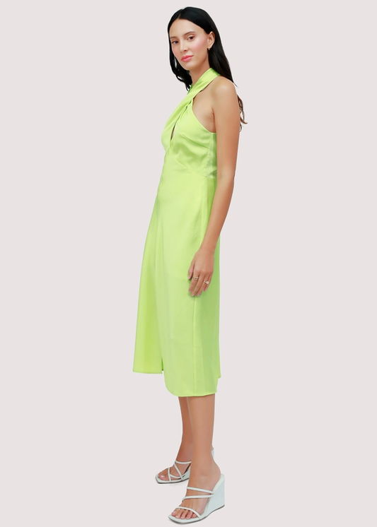 Kailani Satin Halter Midi Dress - Lime Green