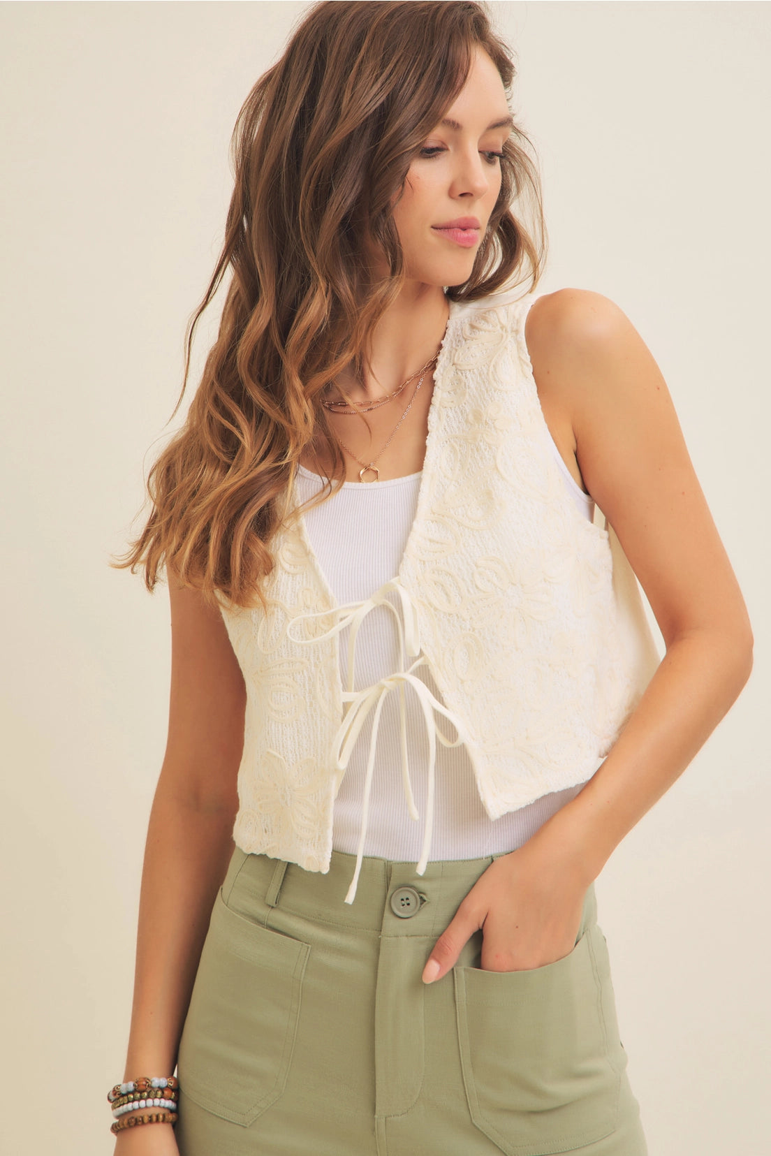 Katelyn Embroidered Front Tie Vest - Cream