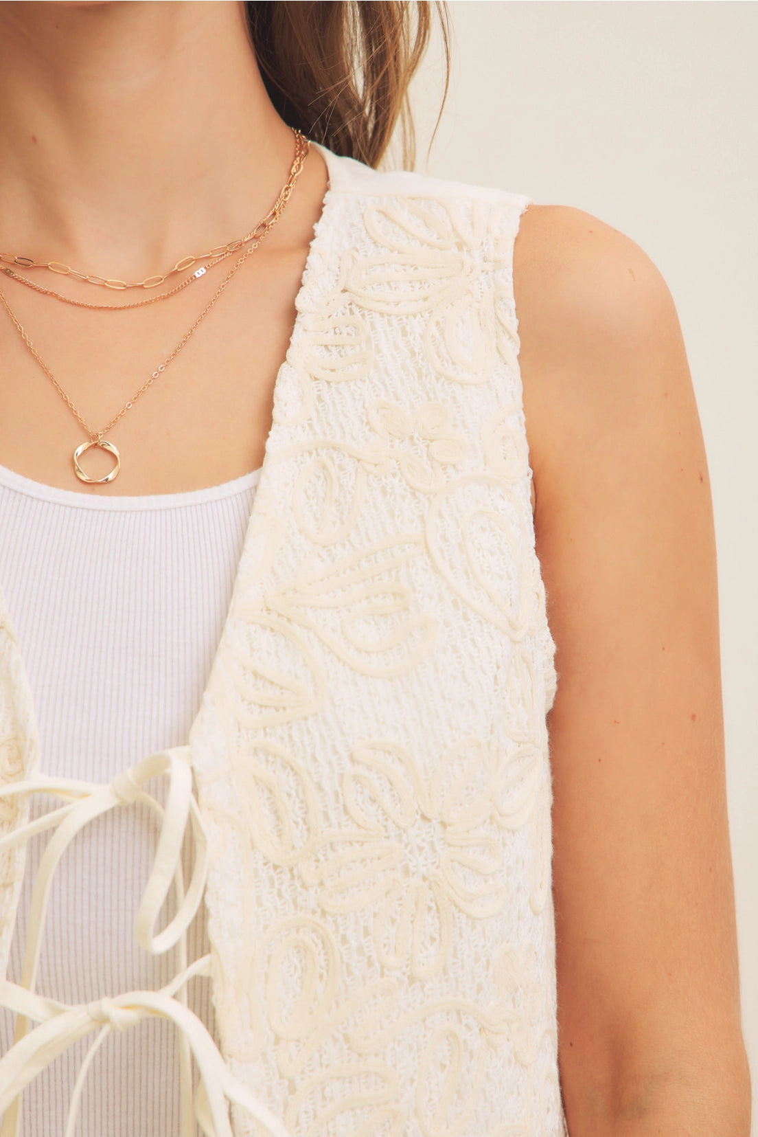 Katelyn Embroidered Front Tie Vest - Cream