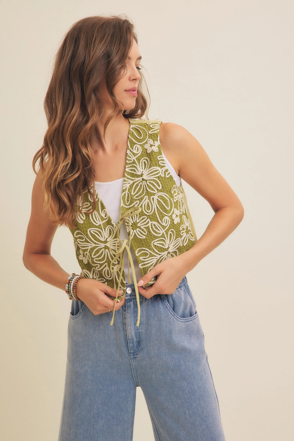 Katelyn Embroidered Front Tie Vest - Matcha Green