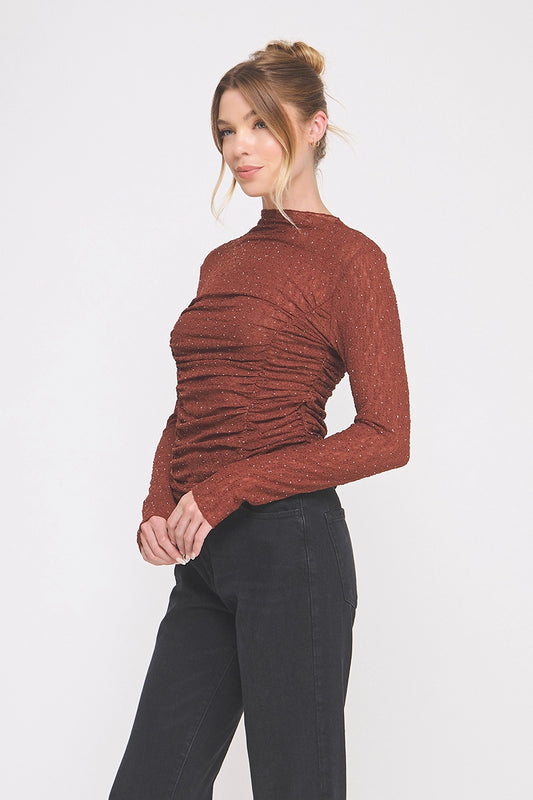 Kimberly Lace Ruched Top - Brick/Rhinestones