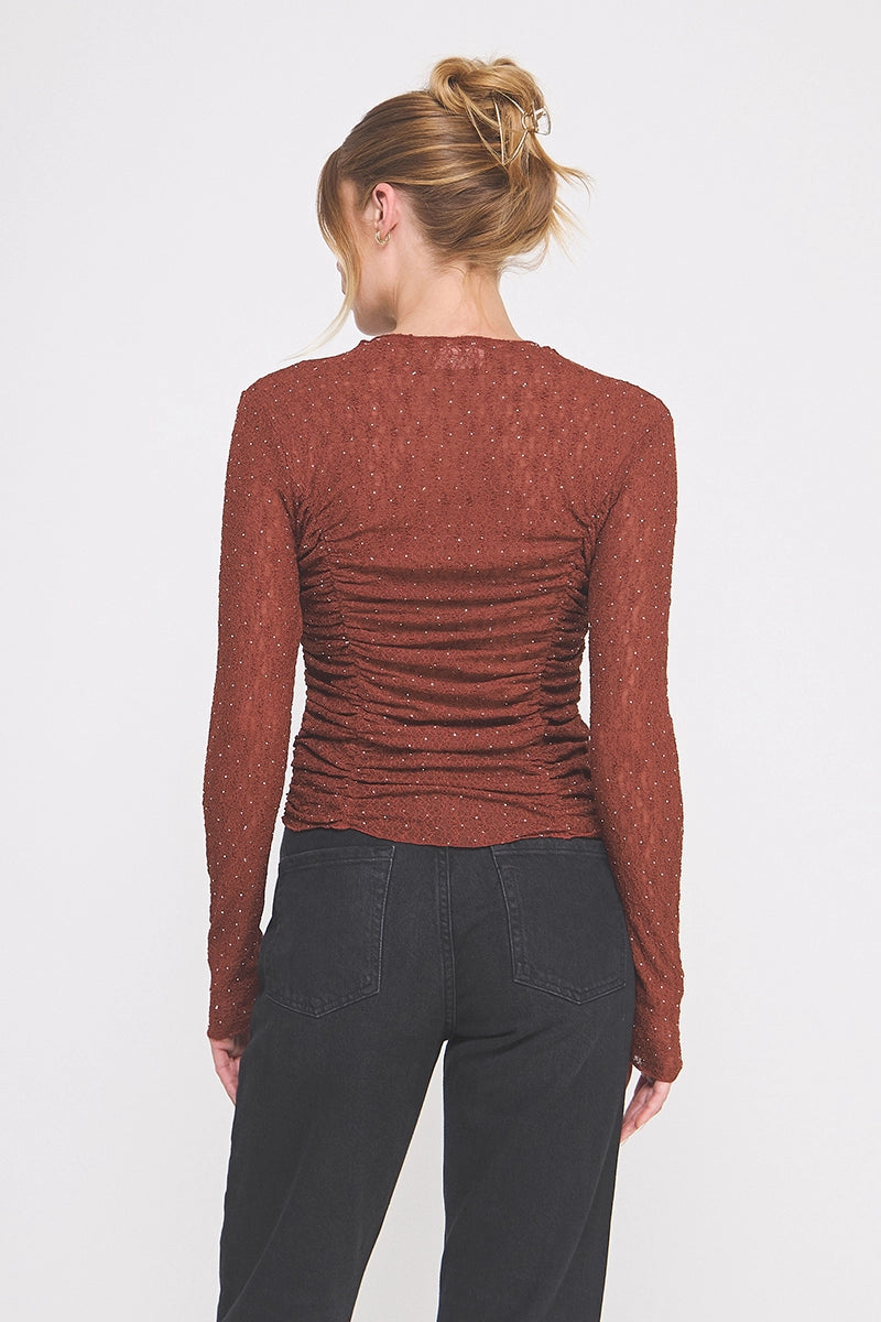 Kimberly Lace Ruched Top - Brick/Rhinestones