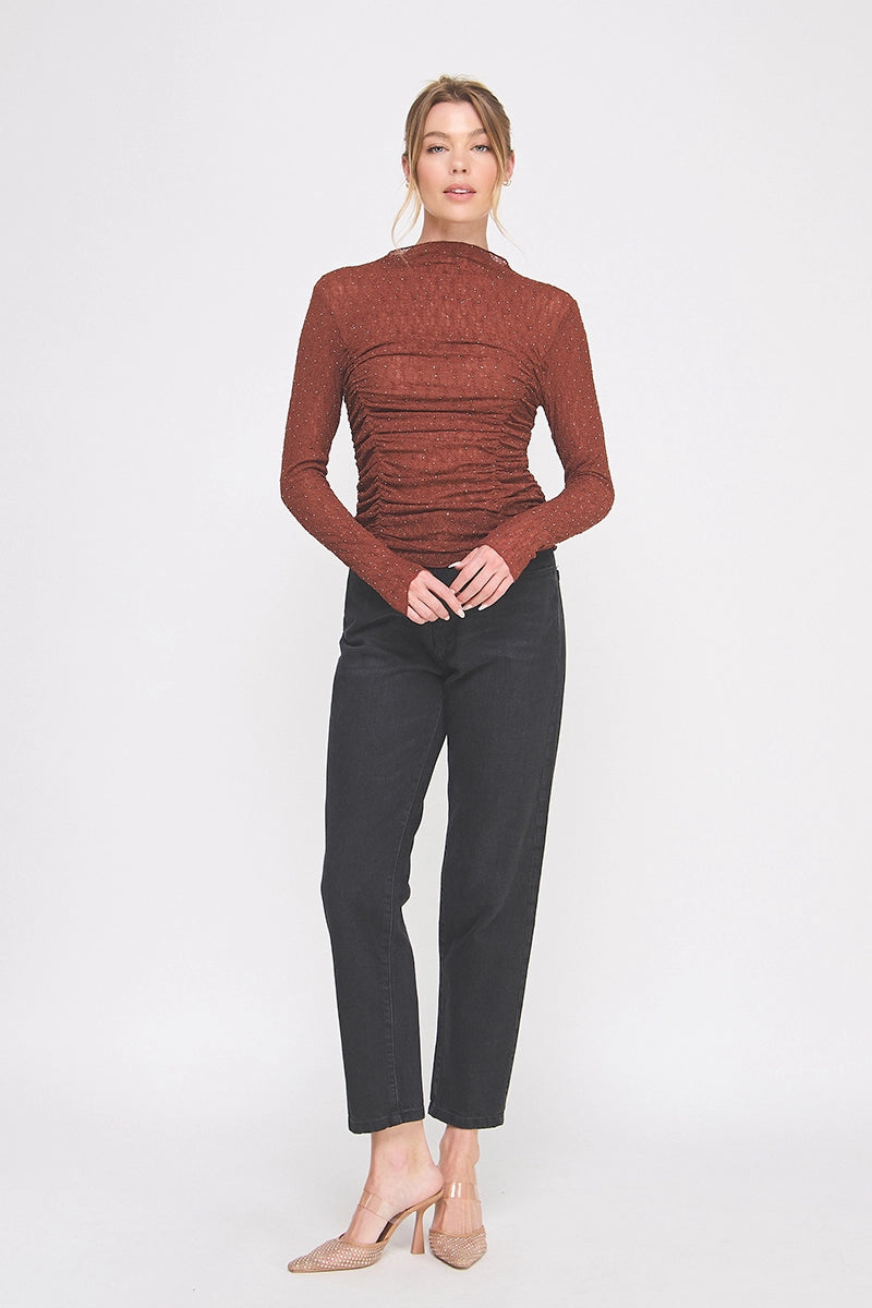 Kimberly Lace Ruched Top - Brick/Rhinestones