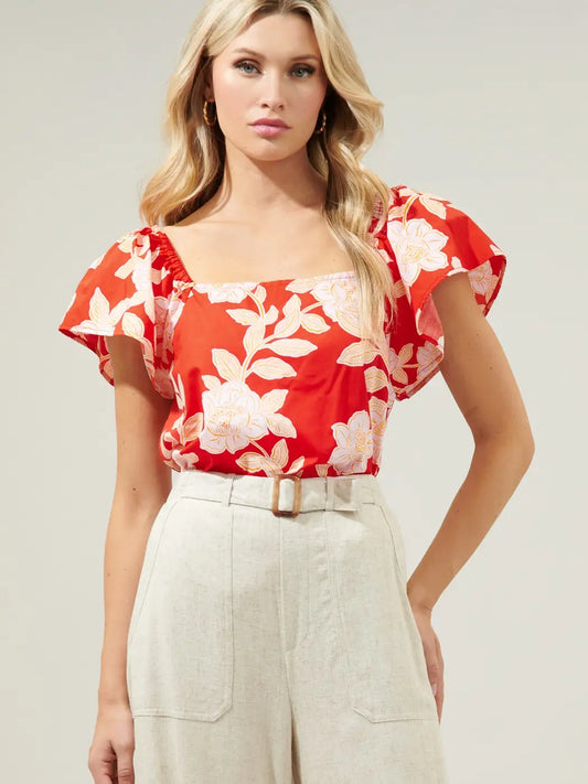 Lilo Tropics Flutter Sleeve Top - Red/Orange/White