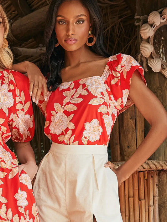Lilo Tropics Flutter Sleeve Top - Red/Orange/White