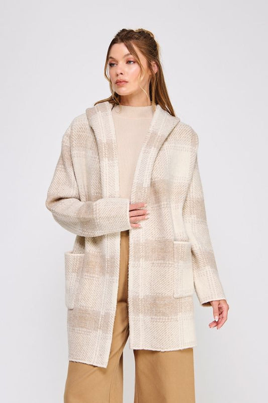 Louise Long Plaid Hoodie Cardigan - Sand