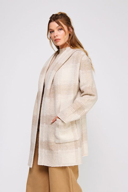 Louise Long Plaid Hoodie Cardigan - Sand