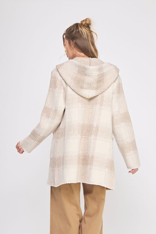 Louise Long Plaid Hoodie Cardigan - Sand