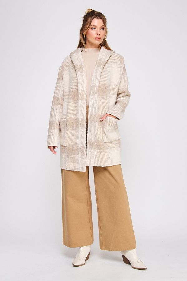 Louise Long Plaid Hoodie Cardigan - Sand