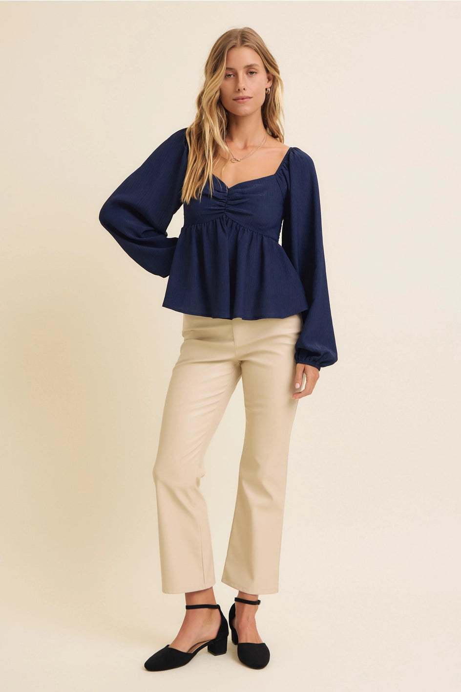 Madeline Ruched Babydoll Blouse - Navy