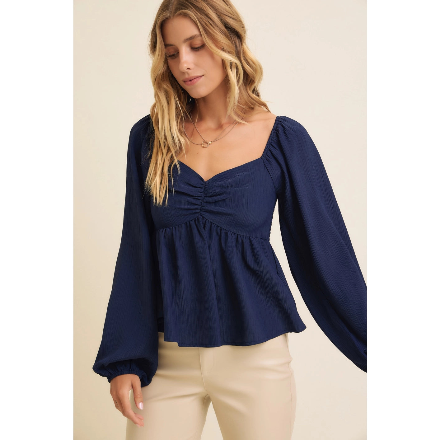 Madeline Ruched Babydoll Blouse - Navy