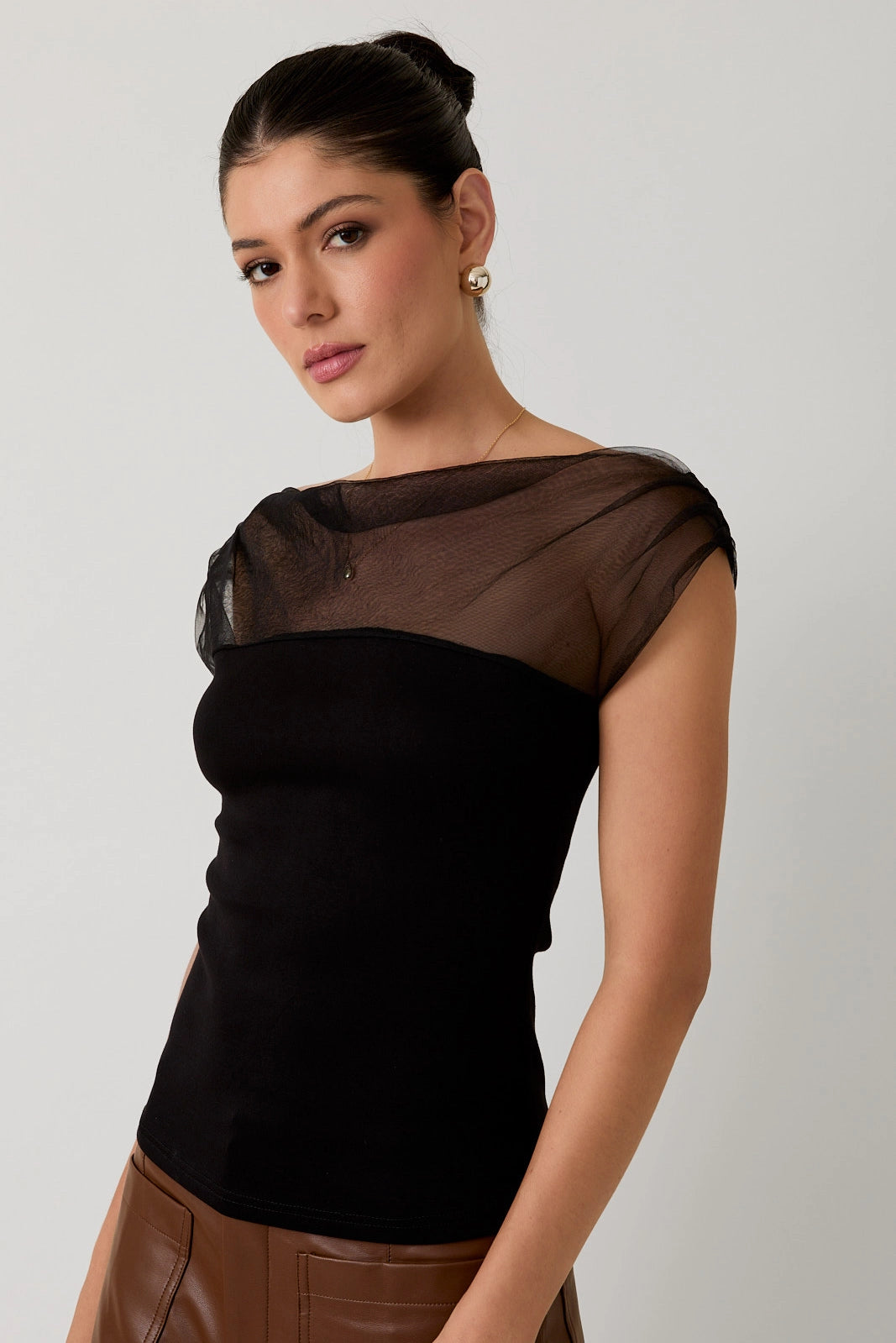 Meghan Tulle Drape Off-the-Shoulder Top - Black