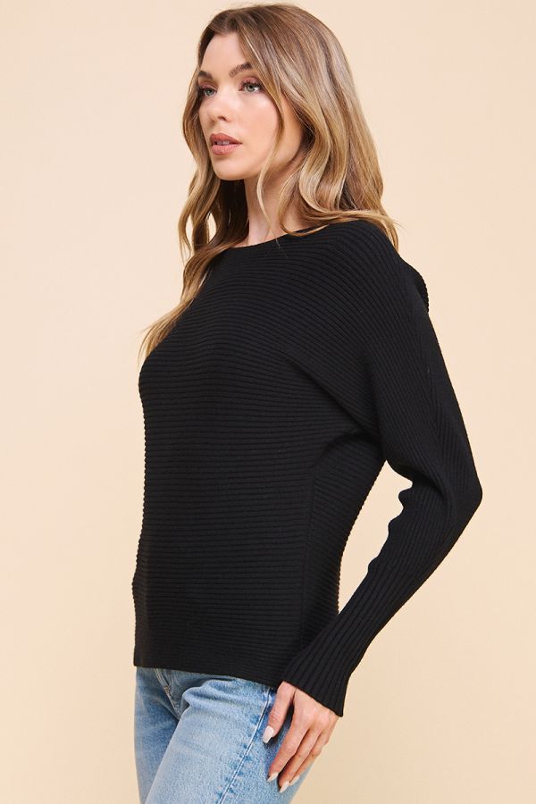 Mia Soft Ribbed Pullover Dolman Sweater - Black