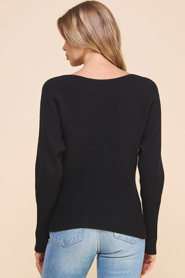 Mia Soft Ribbed Pullover Dolman Sweater - Black