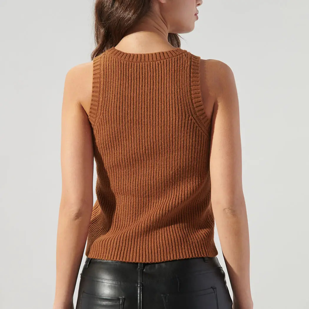 Monica Ribbed Knit Racer Sweater Tank - Chocolate