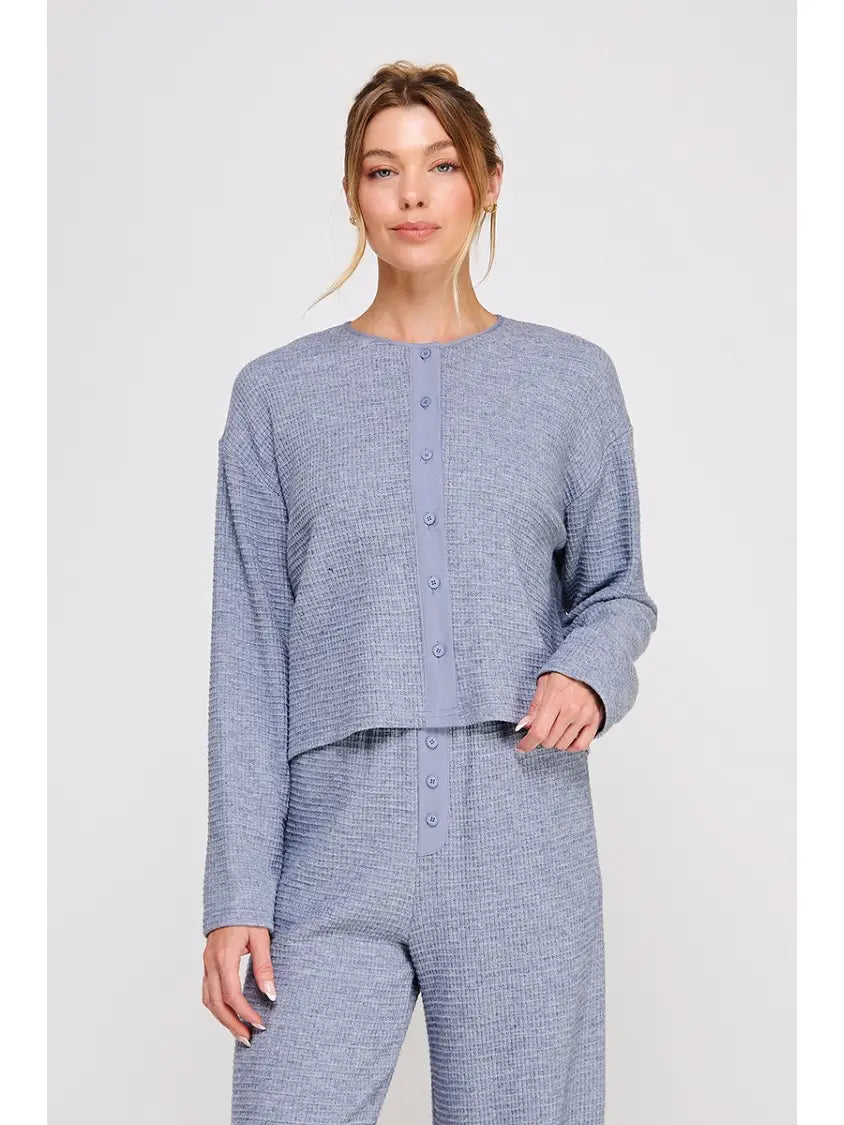 Nila Waffle-Knit Button Top - Blue