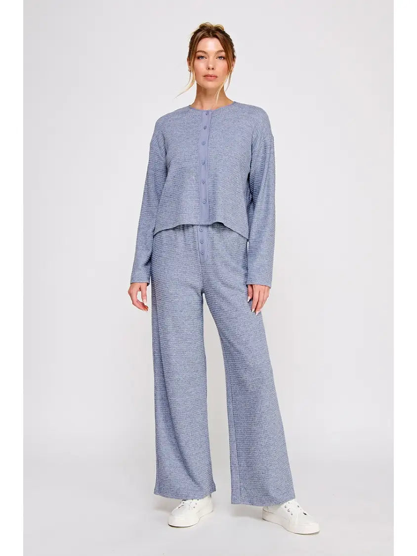 Nila Waffle-Knit Button Top - Blue