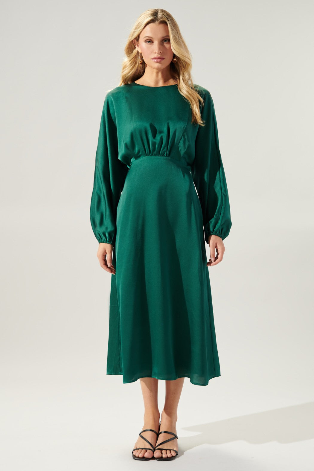 Noelle Satin Dolman Sleeve Midi Dress - Emerald