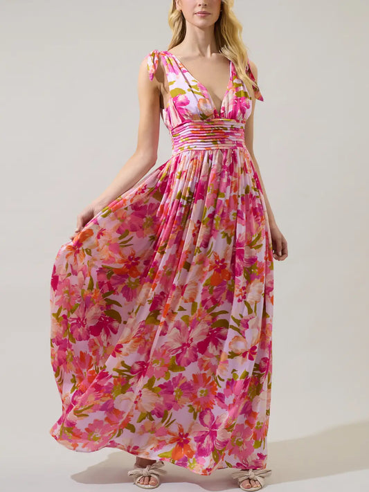Charlotte Pleated Floral Maxi Dress- Coral Multi