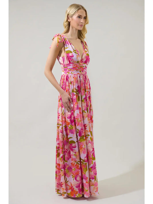 Charlotte Pleated Floral Maxi Dress- Coral Multi
