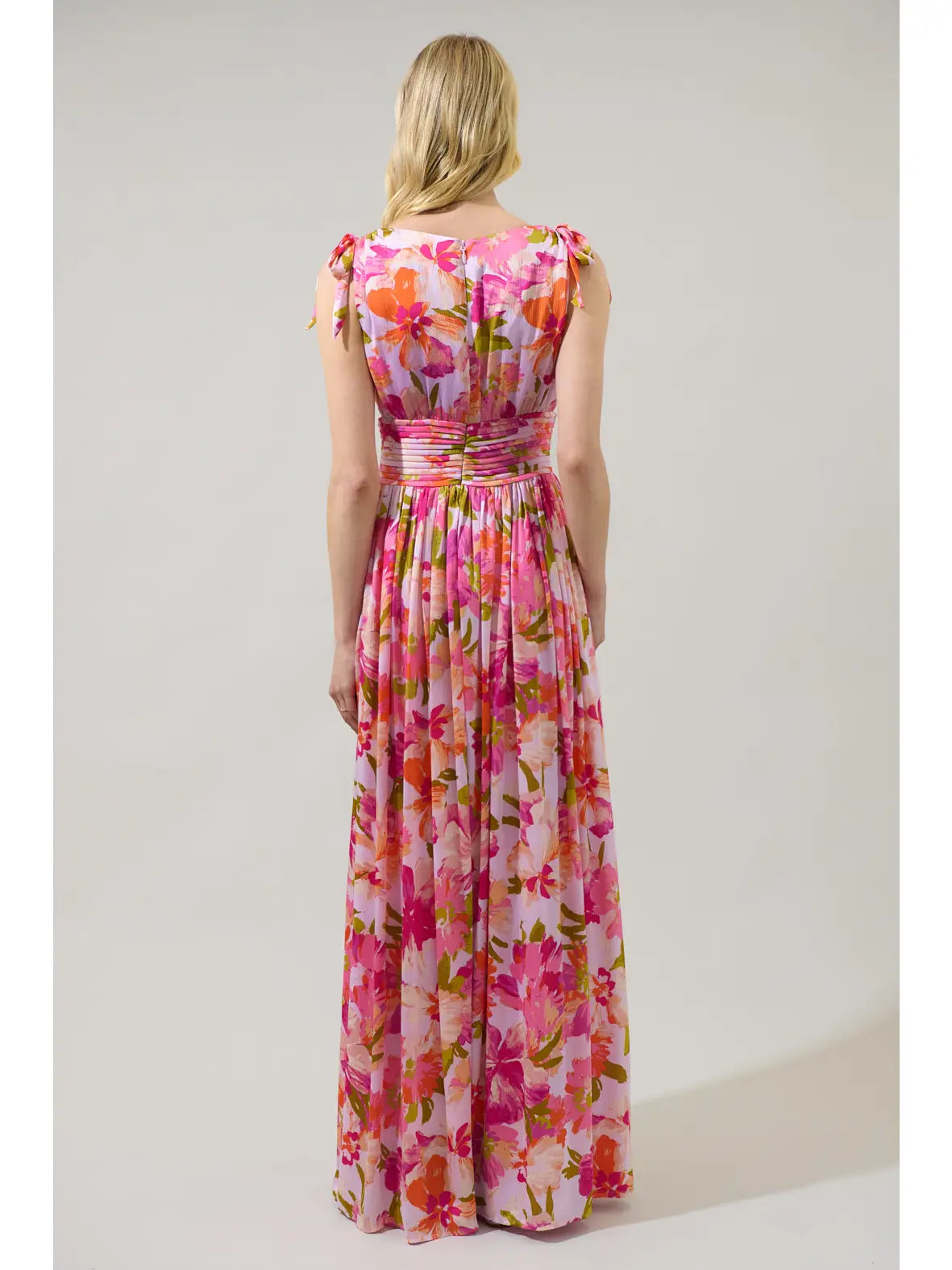 Charlotte Pleated Floral Maxi Dress- Coral Multi