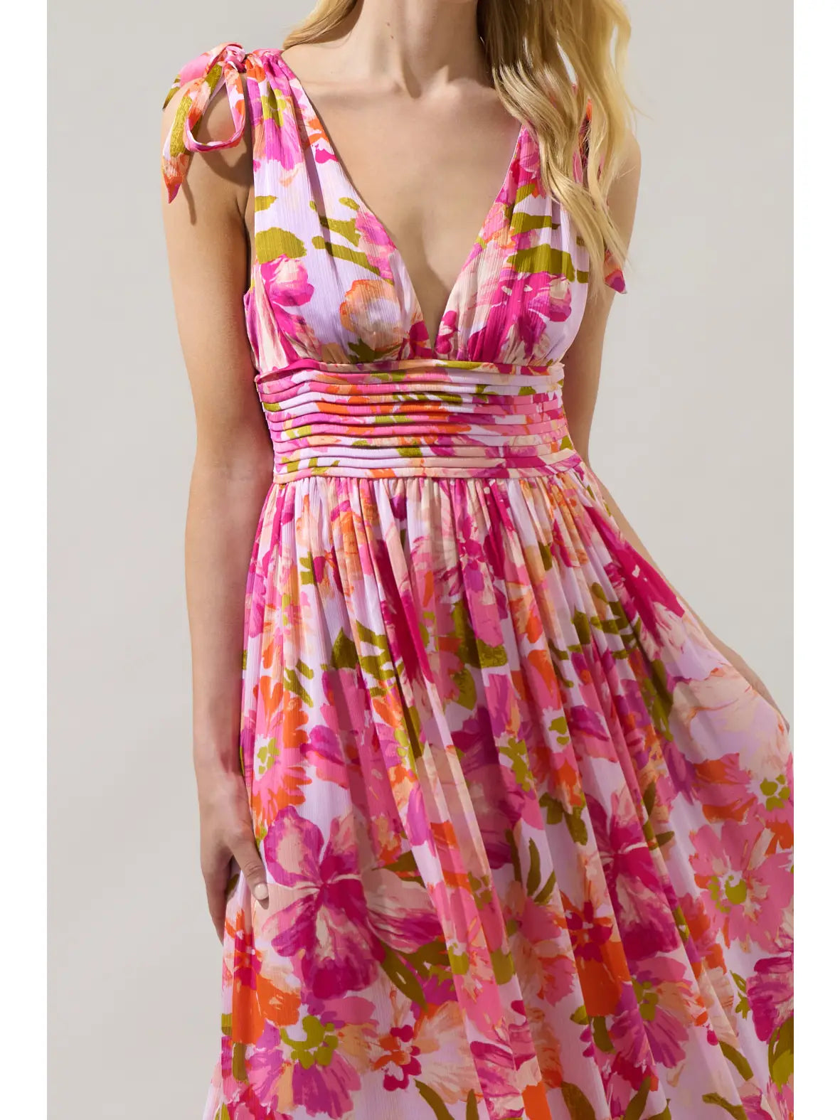 Charlotte Pleated Floral Maxi Dress- Coral Multi