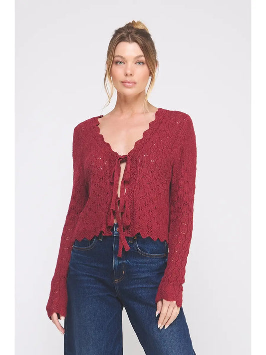 Tamera Pointelle Front Tie Cardigan - Red