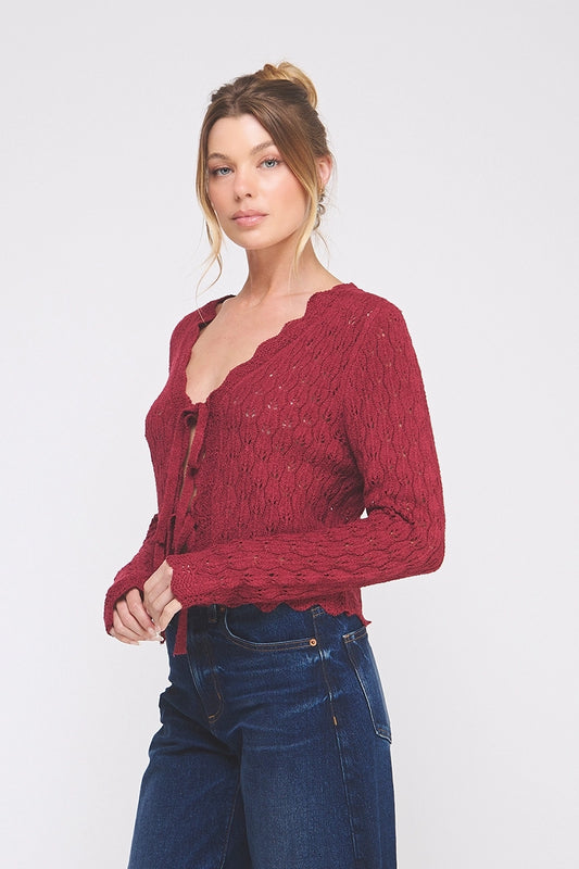 Tamera Pointelle Front Tie Cardigan - Red