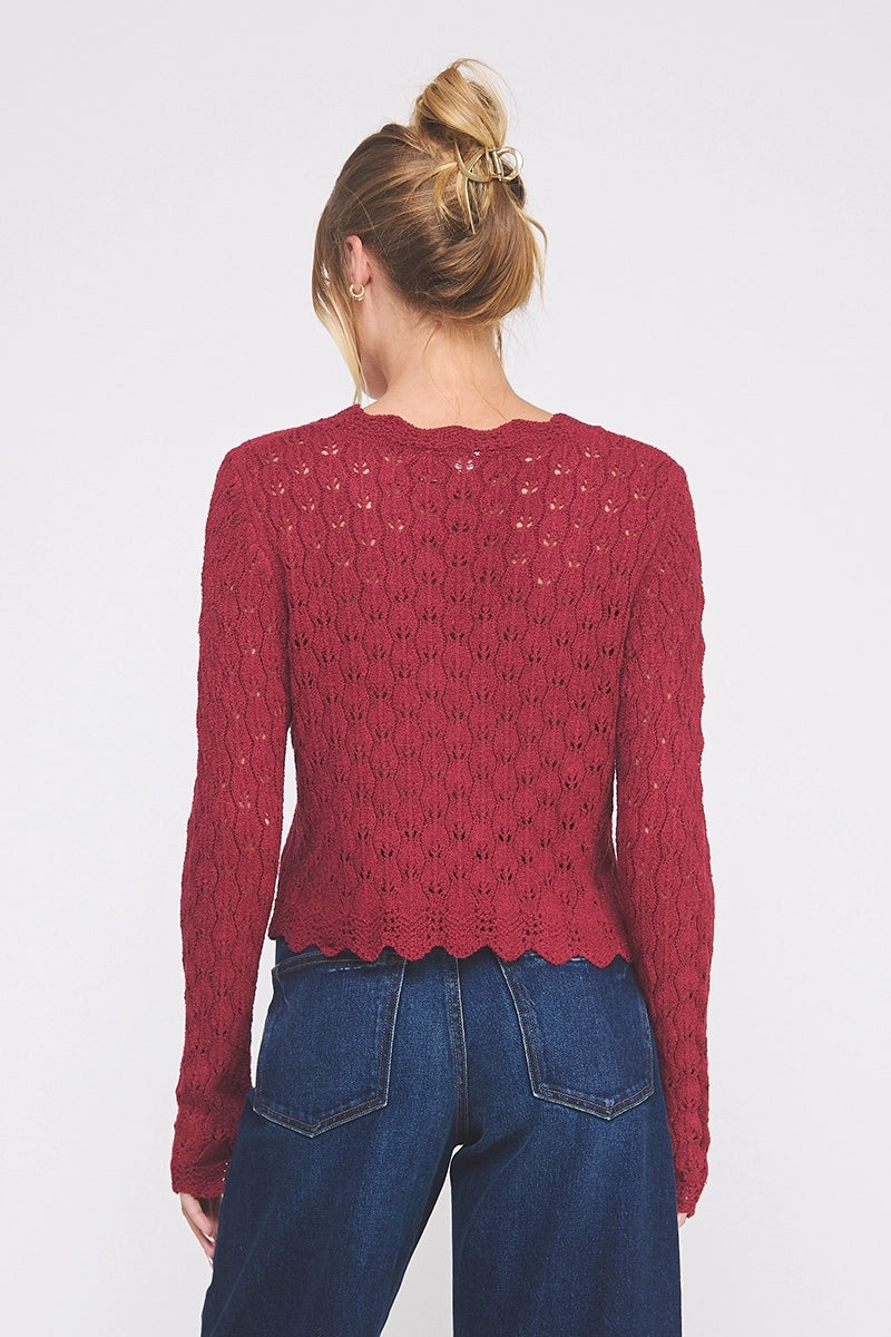 Tamera Pointelle Front Tie Cardigan - Red